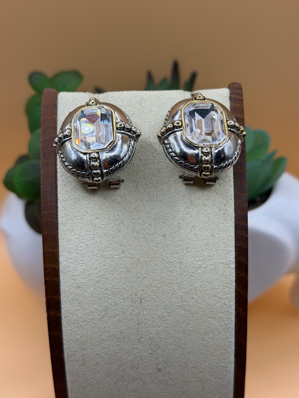 Silver-Tone Crystal Clip Earrings - Clear Gem Accent